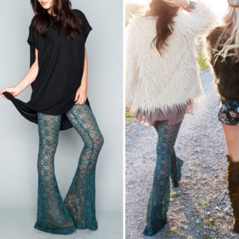Show Me Your MUMU Bam Bam Bell Bottoms Teal Lace S